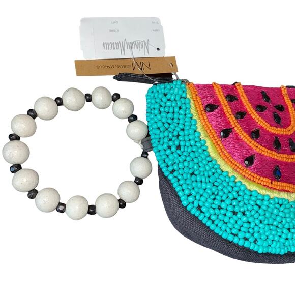 Neiman Marcus Beaded Embroidered Watermelon Slice Zippered Wristlet 7" Length - Picture 4 of 7